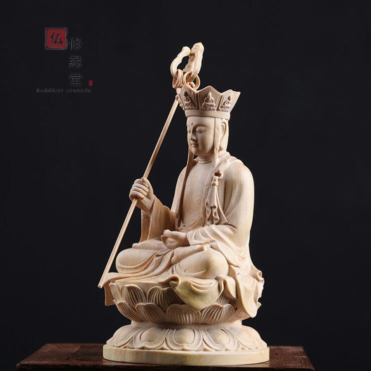 修縁堂】極上彫 木彫り 仏像 地蔵菩薩座像 彫刻 仏教工芸品 柘植材