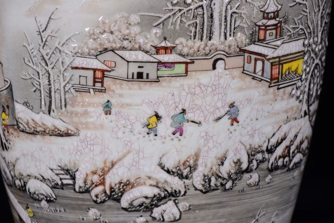 旧蔵逸品　中華民国時代 粉彩雪景図　手作り花瓶　飾り　古美術インテリア　陶器美品