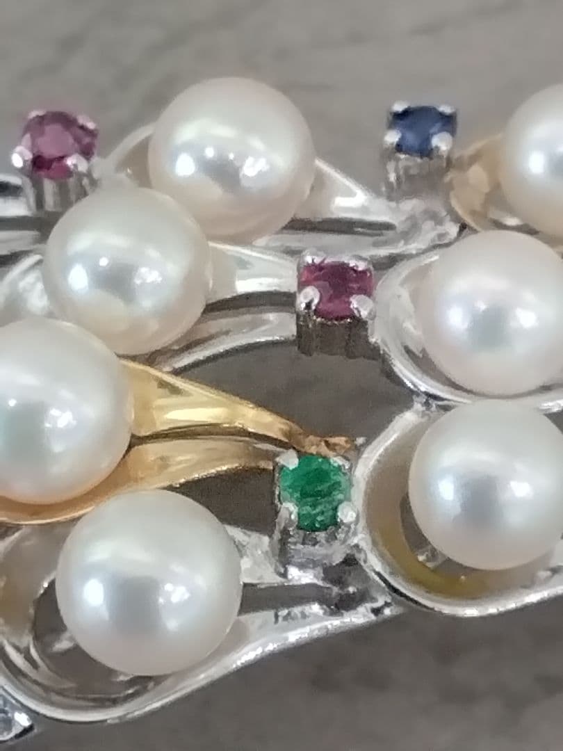 SV/K18あこや真珠/天然石ブローチ 中古品