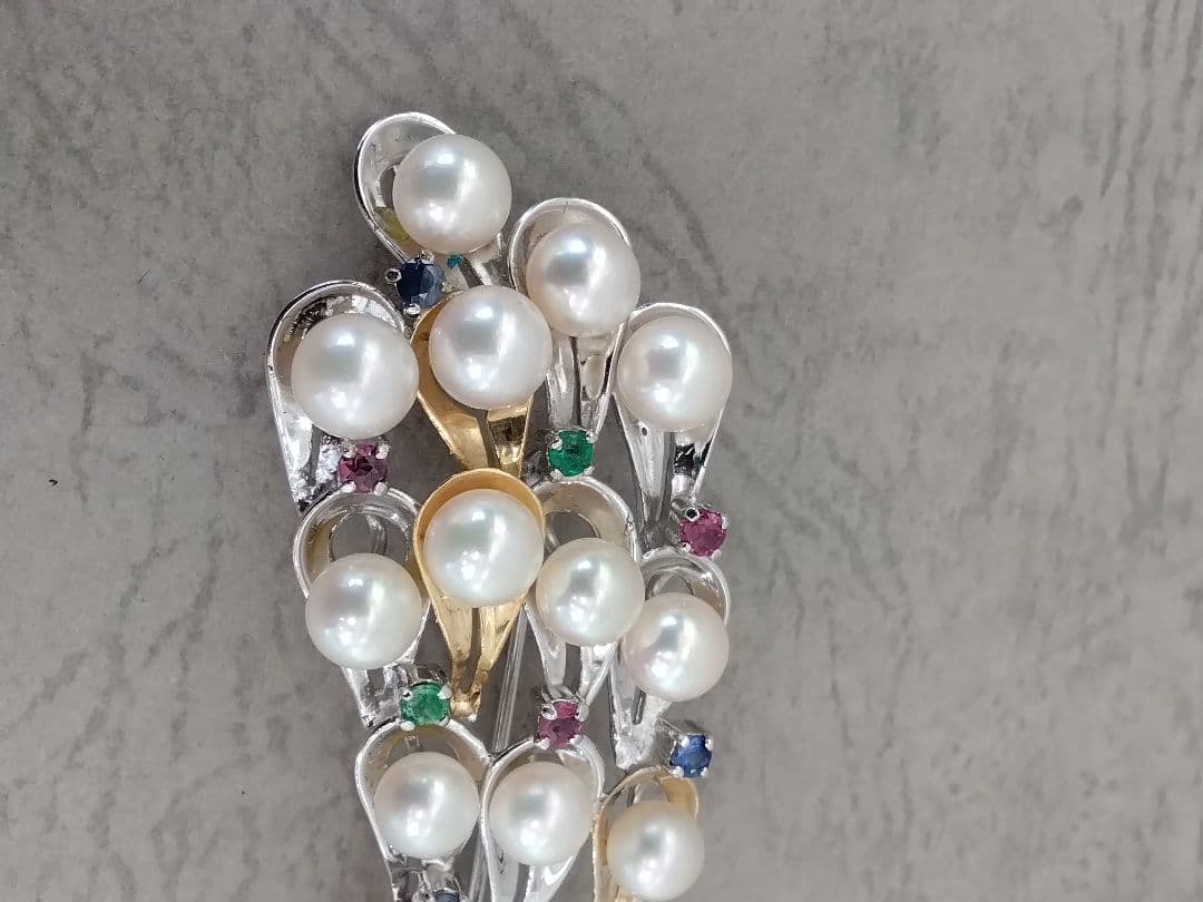 SV/K18あこや真珠/天然石ブローチ 中古品
