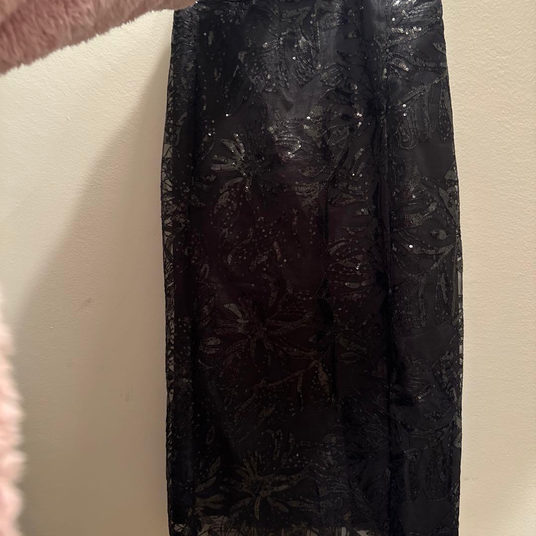 シアーパフスリーブペプラムスパンコール花柄Iラインドレスワンピース 2点セット