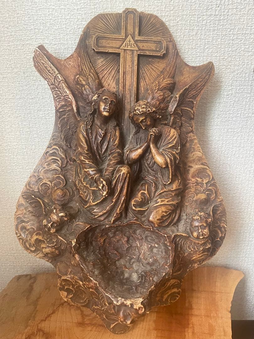 アンティーク ブロカント 聖水盤 聖品 キリスト マリア メダイヨン