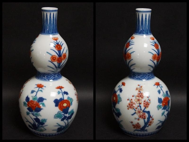 茶道具 人間国宝十四代 今泉今右衛門 錦桃瓢瓶 梅菊文花瓶 共箱★美品★