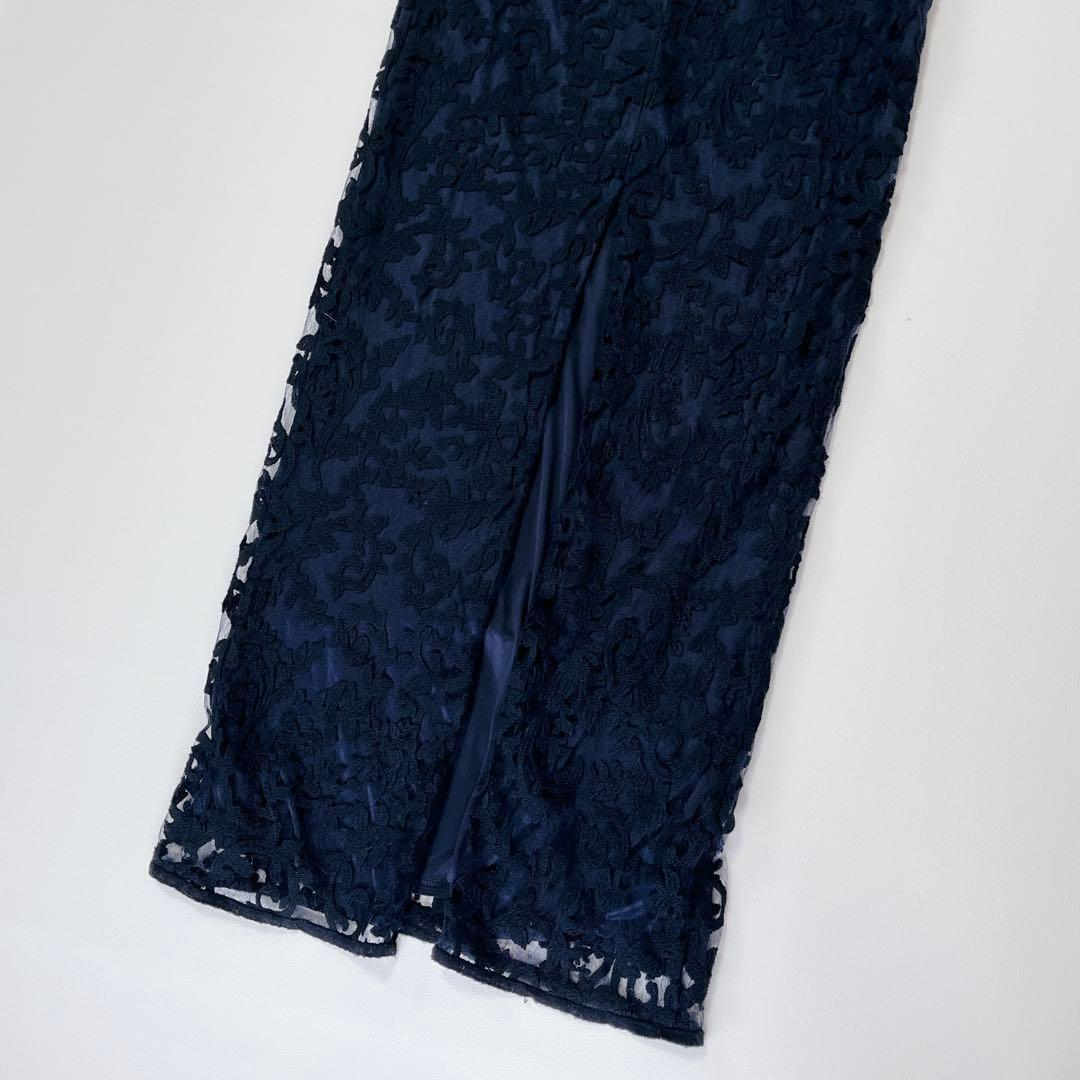 タダシショージ レース 刺繍　スリット ロングドレス　ネイビー　ワンピース