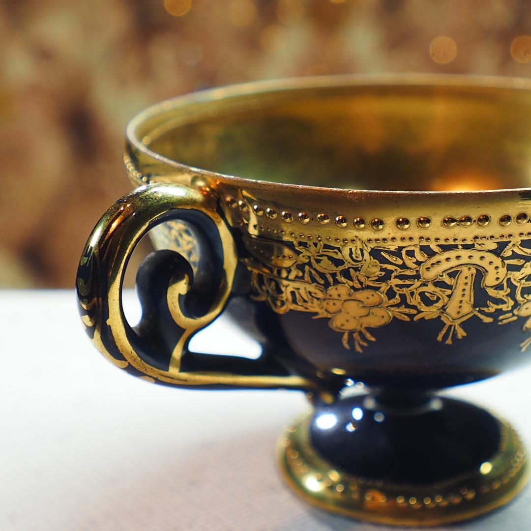 オールドノリタケ 金盛藍線帯華装飾紋 メイプルリーフ印 ペディスタル