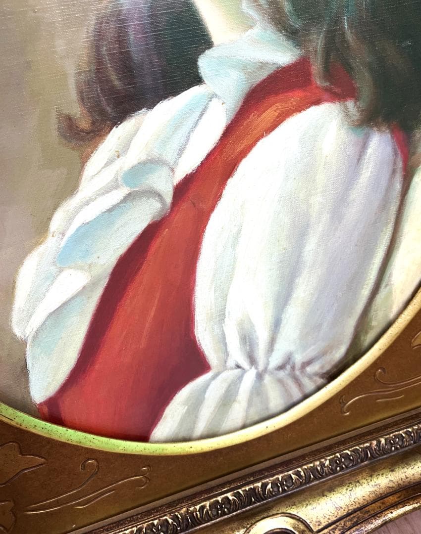 鶴村義美『白いブラウス』油彩画 丸額 希少