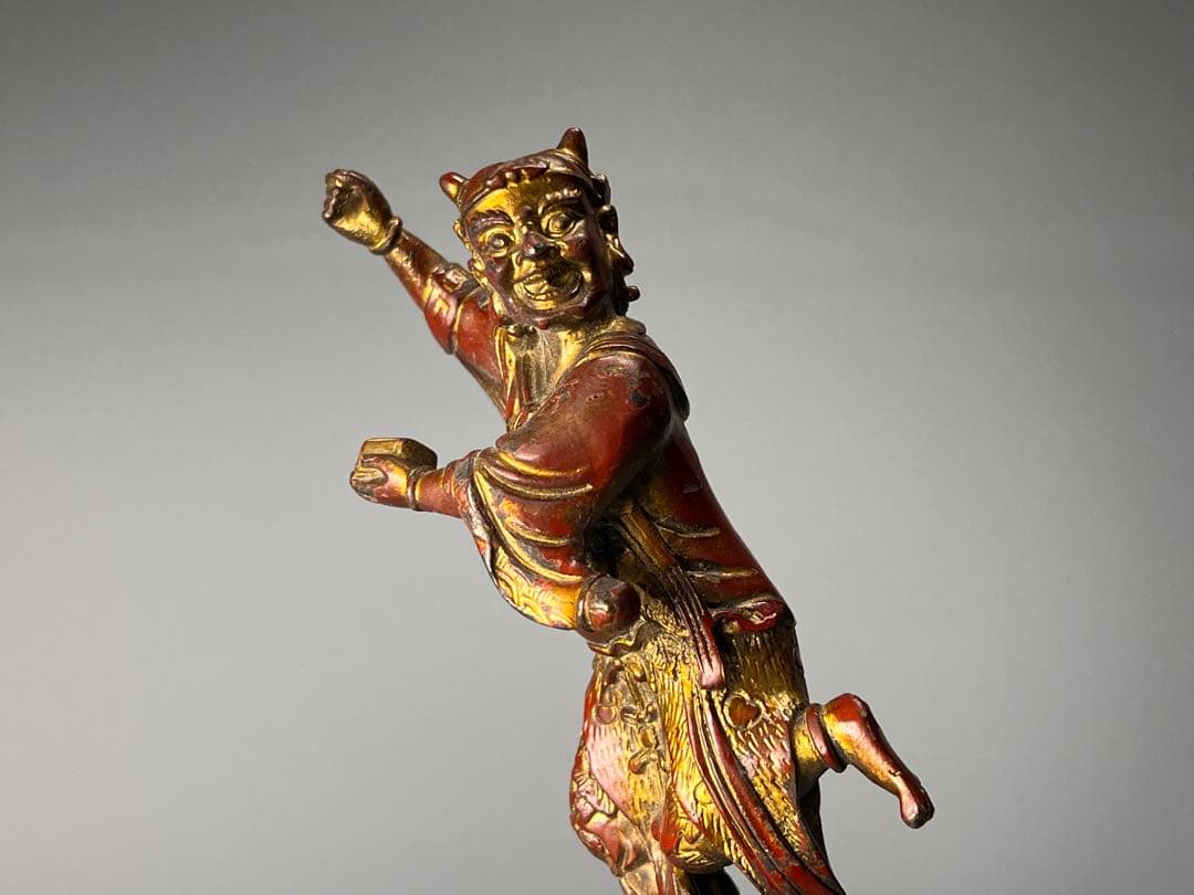 時代物　銅胎　漆器　朱漆金箔　魁星点斗 独立鰲頭（学業有成）置物　縁起物　中国