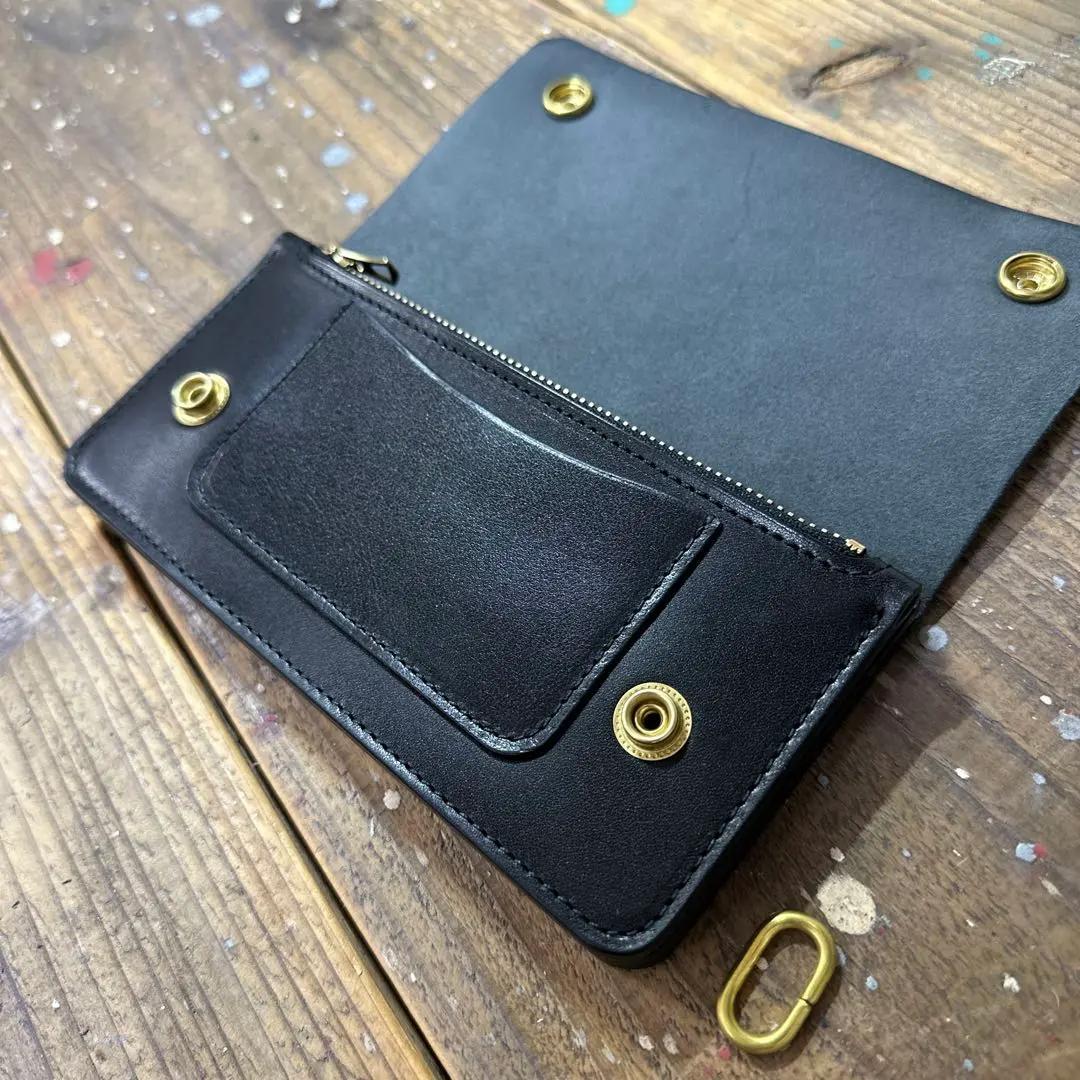 りく　ロングトラッカーウォレット　栃木レザーブラック　シルバー