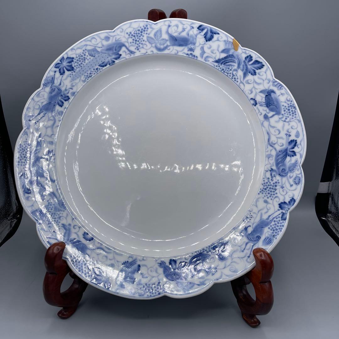 希少　幻の明治伊万里　精磁会社謹製　染付霊獣文ディナー大皿　金継ぎ有り 希少 幻の明治伊万里 精磁会社謹製 染付霊獣文ディナー大皿 金