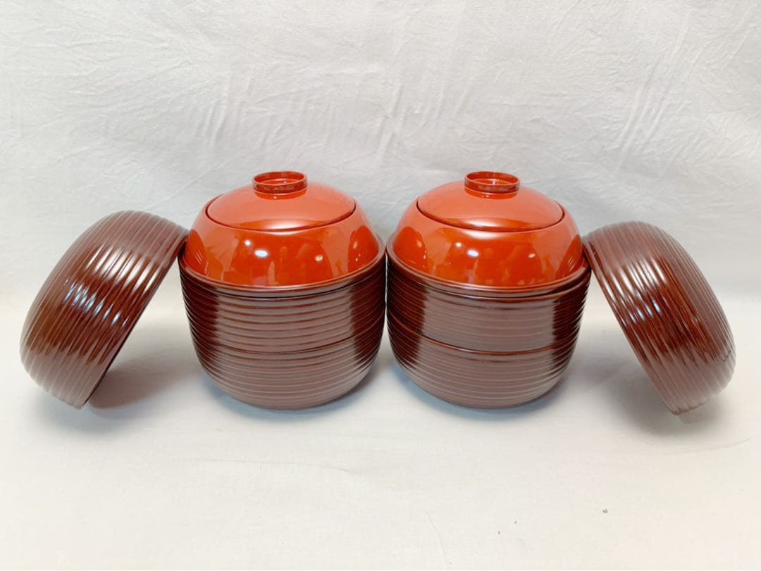 未使用 茶道具 木製溜塗 信玄三段弁当 2客 千筋 内朱 紙箱