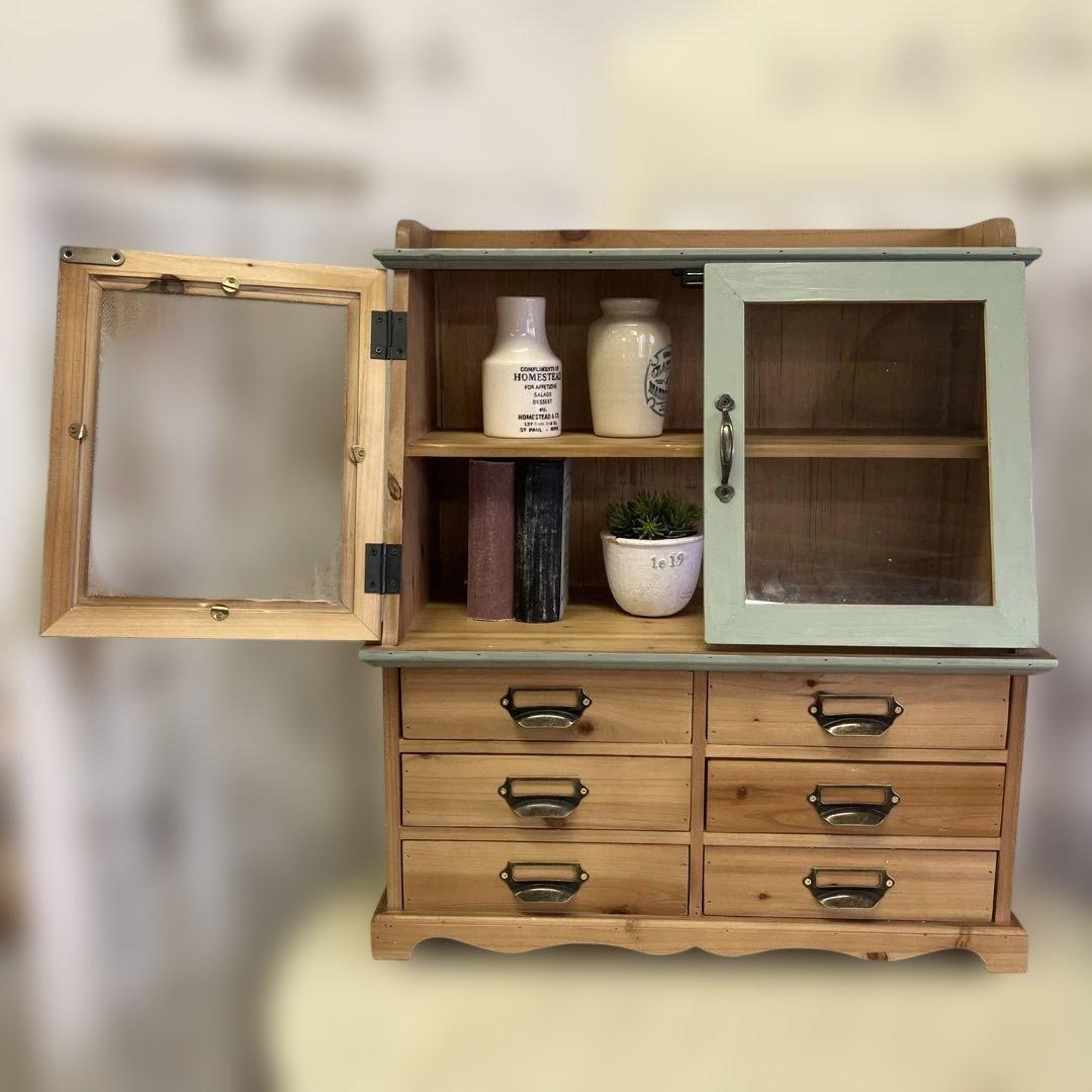 アンティークなガラス扉のキャビネット6ドロワー ミントグリーン木製