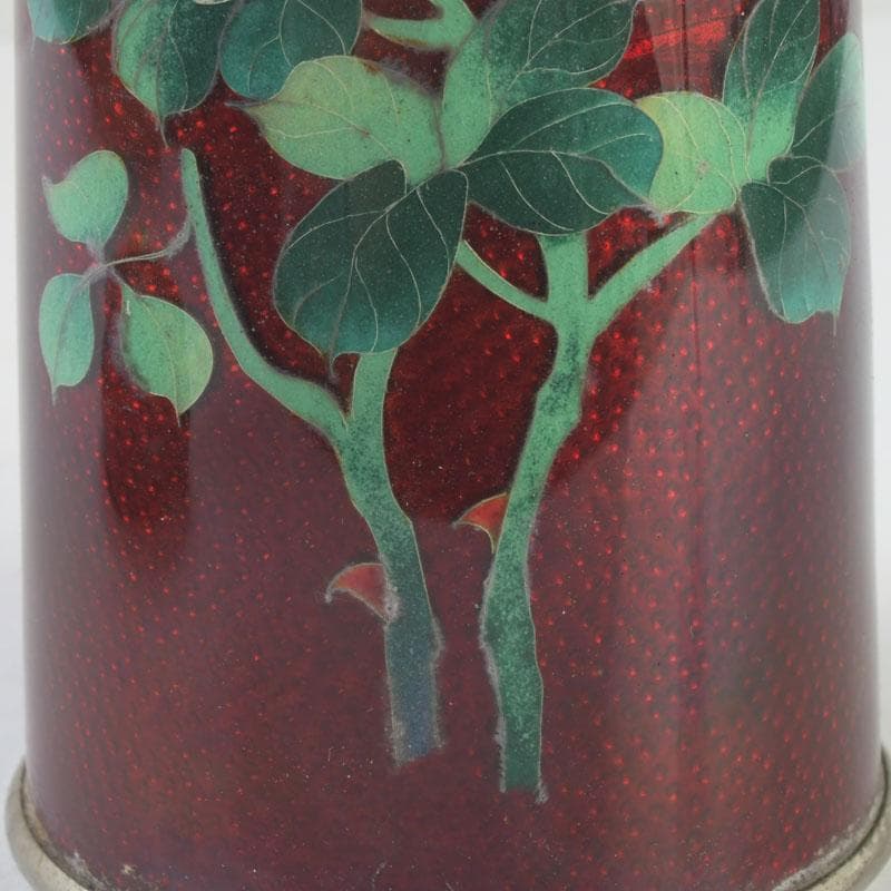 七宝焼　赤透釉　花文　花瓶　唐木台付　共箱　V　9731