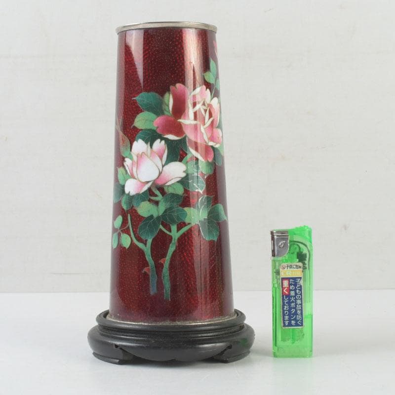 七宝焼 赤透釉 花文 花瓶 唐木台付 共箱 V 9731