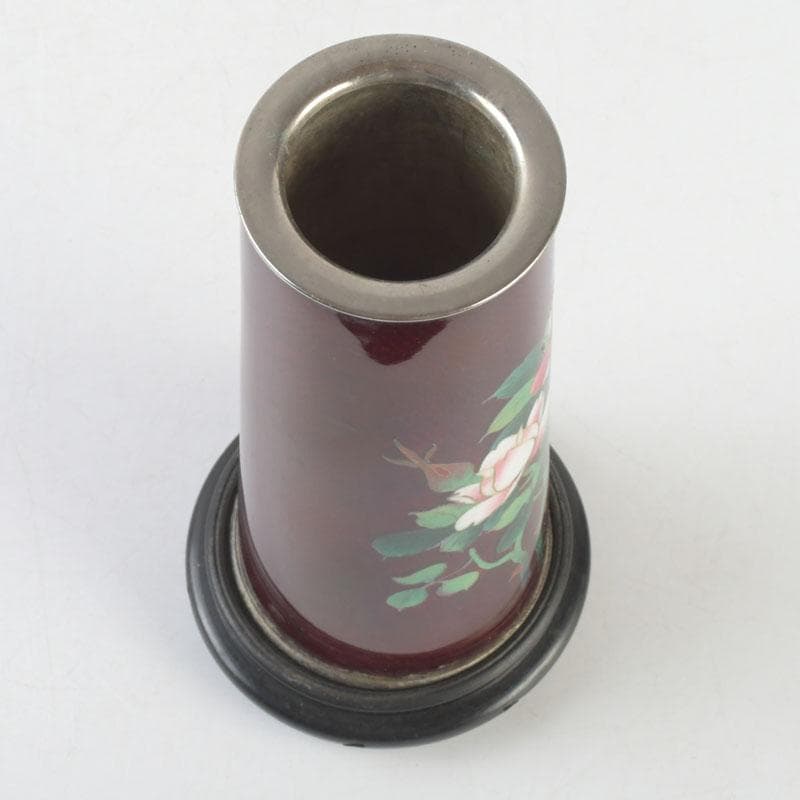 七宝焼 赤透釉 花文 花瓶 唐木台付 共箱 V 9731