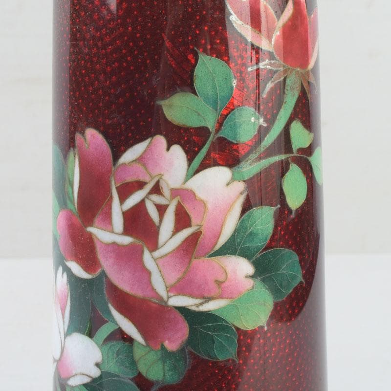 七宝焼 赤透釉 花文 花瓶 唐木台付 共箱 V 9731