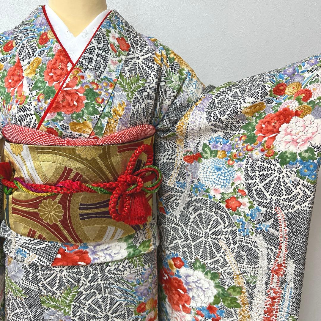 438 振袖フルセット 正絹 黒 赤 金彩 手描き 総柄 小紋 セミアンティーク