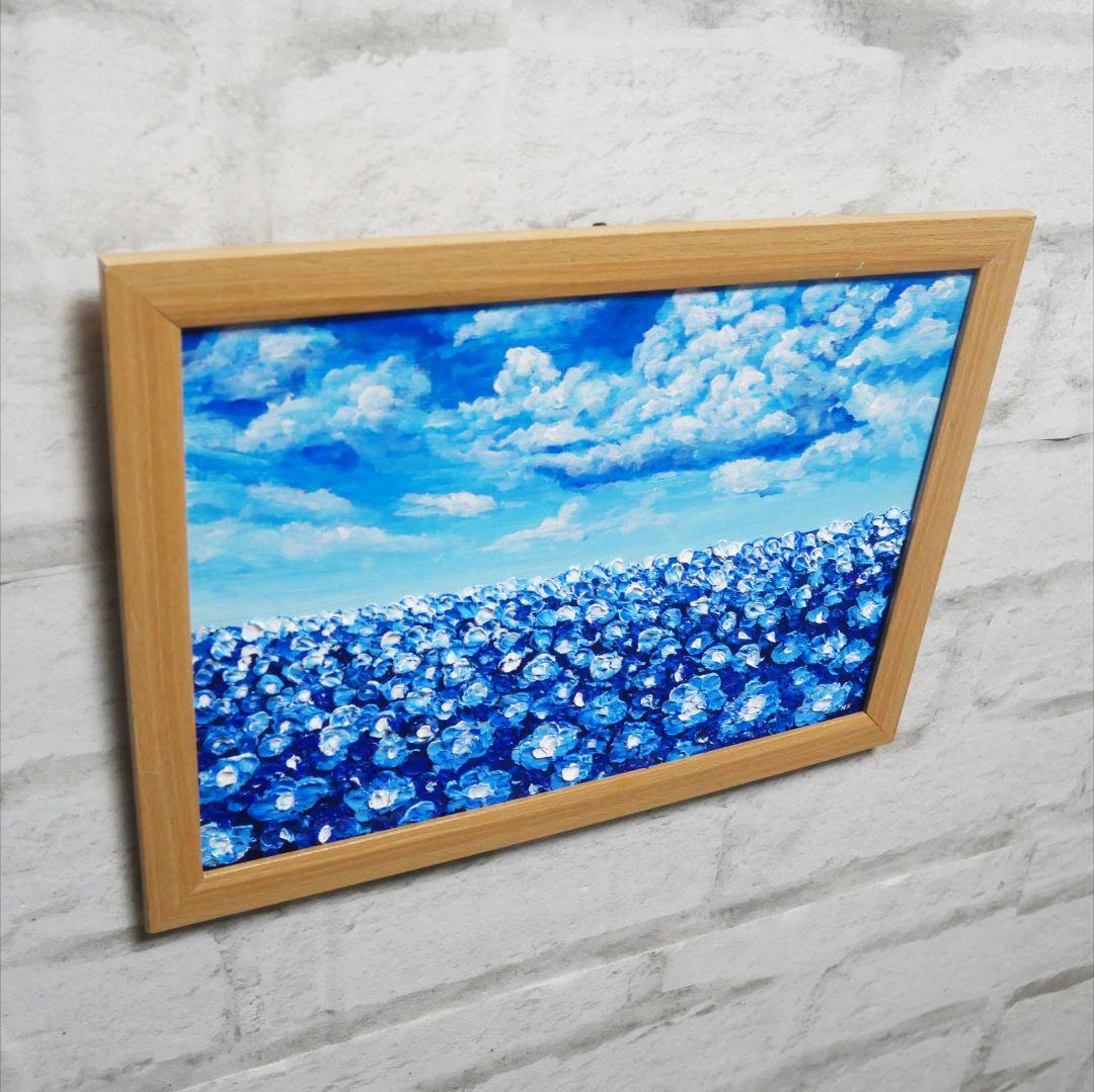油絵 油彩 油彩画 絵 絵画【青空と雲のネモフィラ】