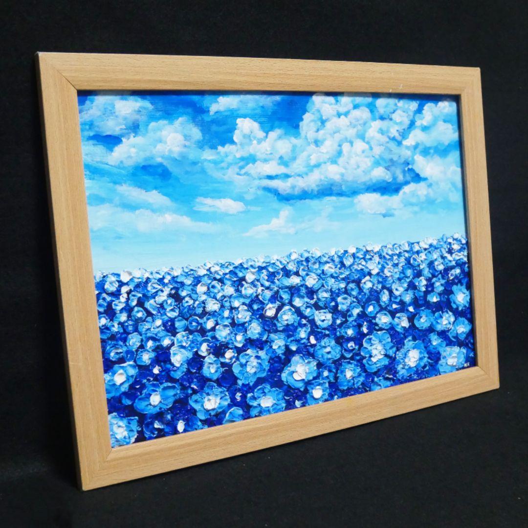 油絵 油彩 油彩画 絵 絵画【青空と雲のネモフィラ】