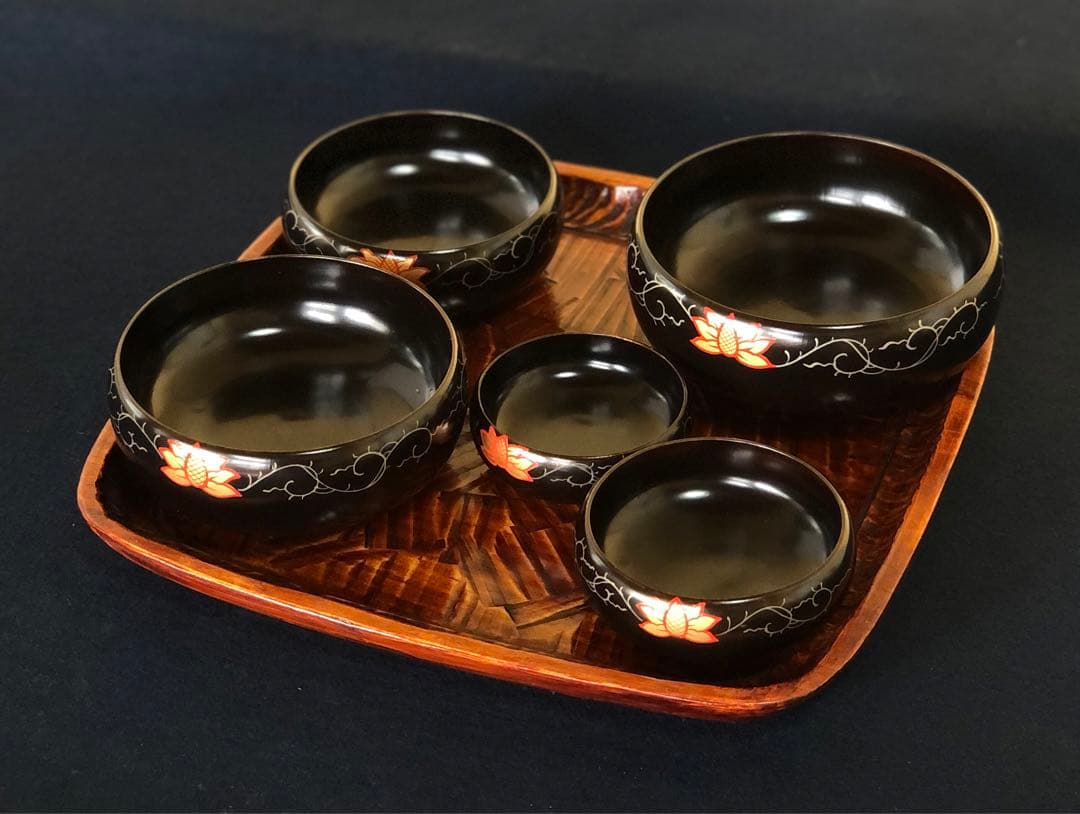 割引❗️《R》輪島塗 会席五ツ揃小鉢5客 蒔絵付 木製漆器　251007あ7