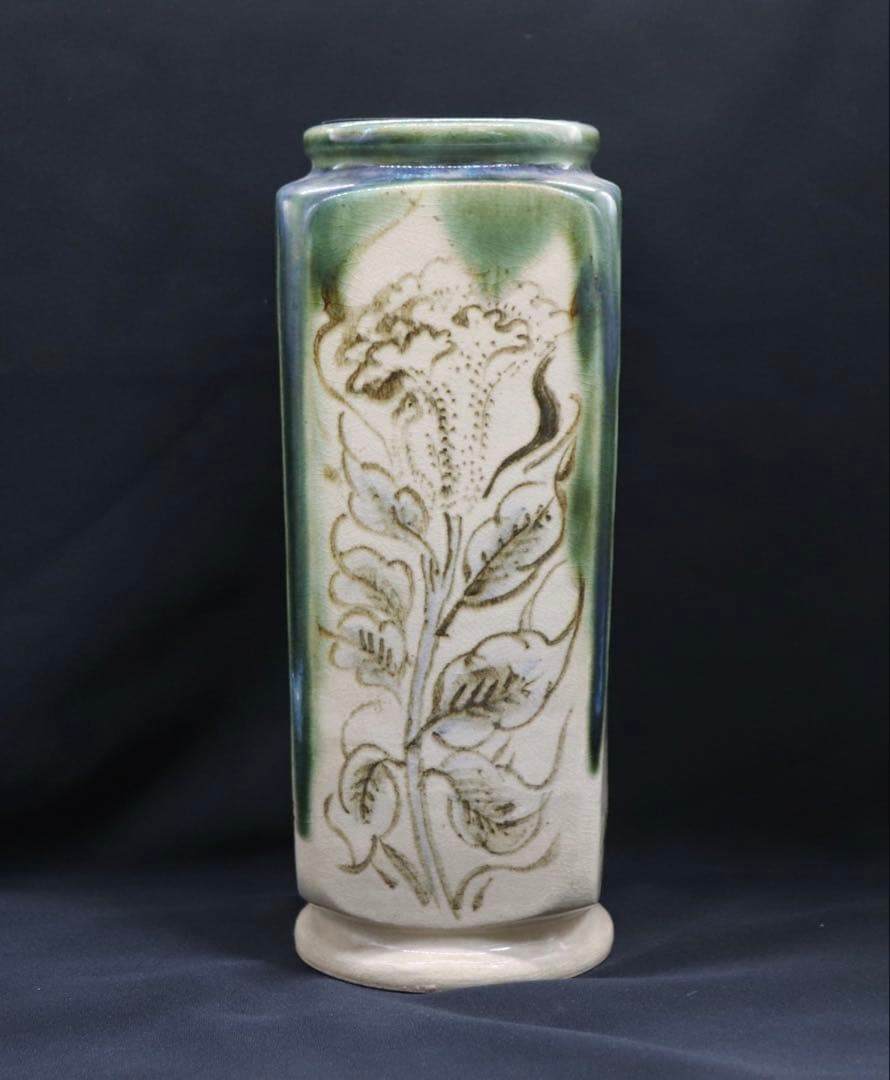 清水 青緑釉山水 四方華瓶 平安陶工 土龍庵清山作 共箱 茶道具 送料