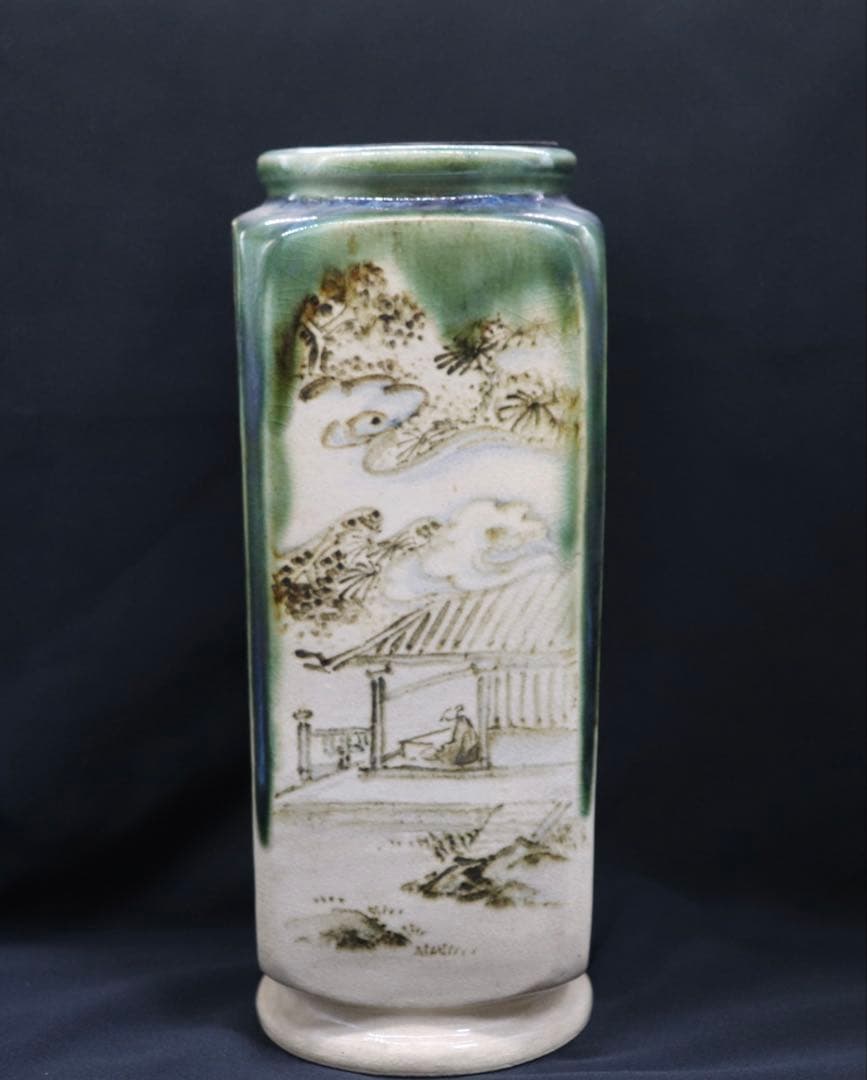 清水 青緑釉山水 四方華瓶 平安陶工 土龍庵清山作 共箱 茶道具 送料