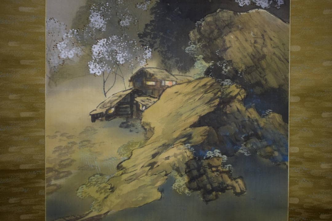 真作/林文塘/春夕/山水桜花図/桐共箱付/布袋屋掛軸HH-915