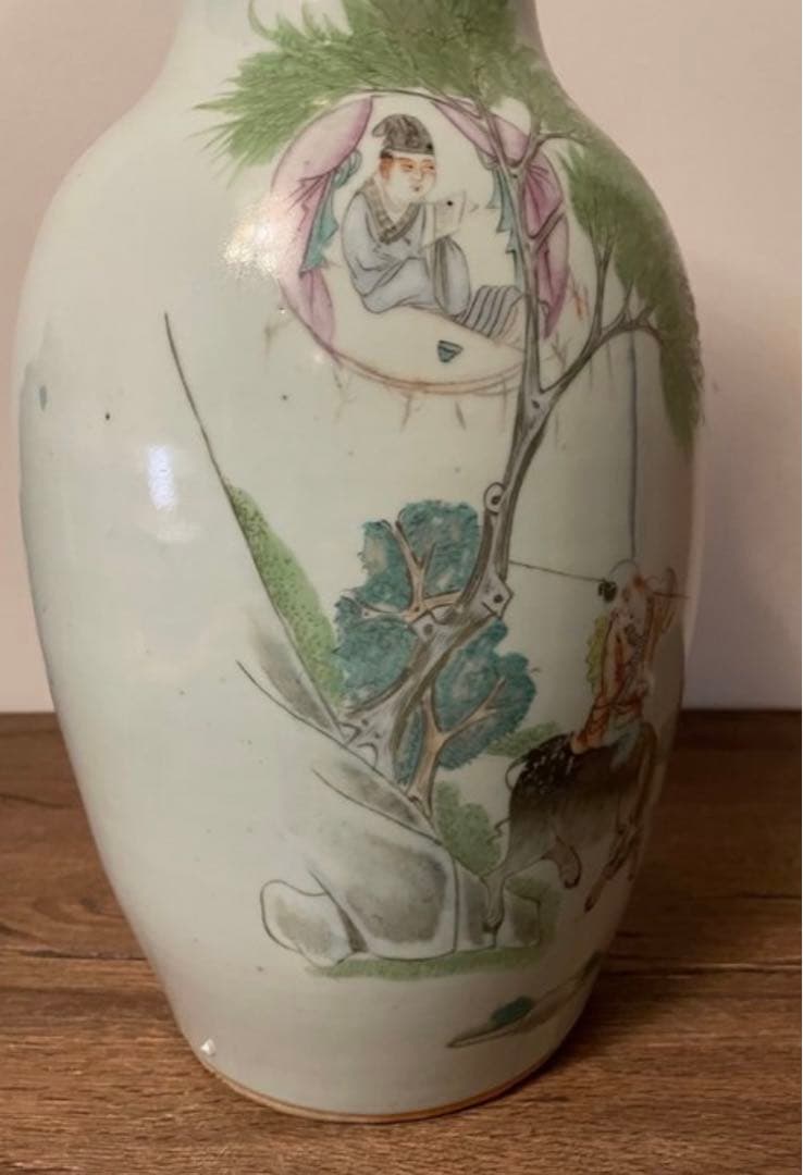 中国古美術 清末民国時代　豆青釉浅降彩大花瓶42cm　漁樵耕読