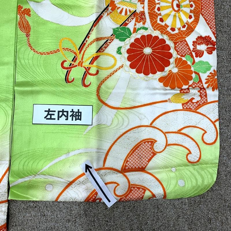 508ag71□七五三 七歳 女児 着物&袋帯 御所車 菊 波頭 黄緑□美品