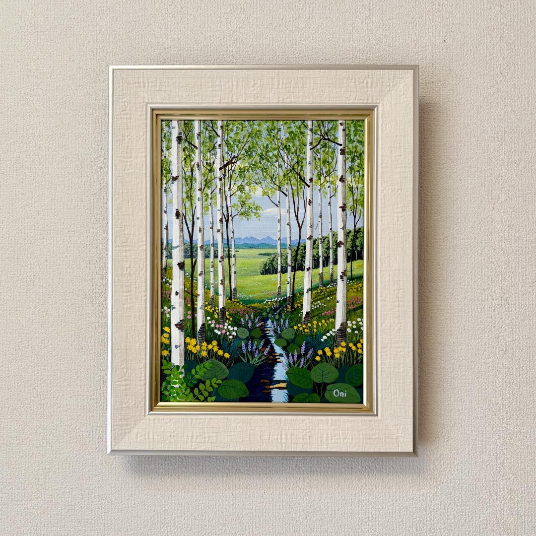 アクリル画原画「野花の咲くフィールド05」額縁付きF4サイズ風景画