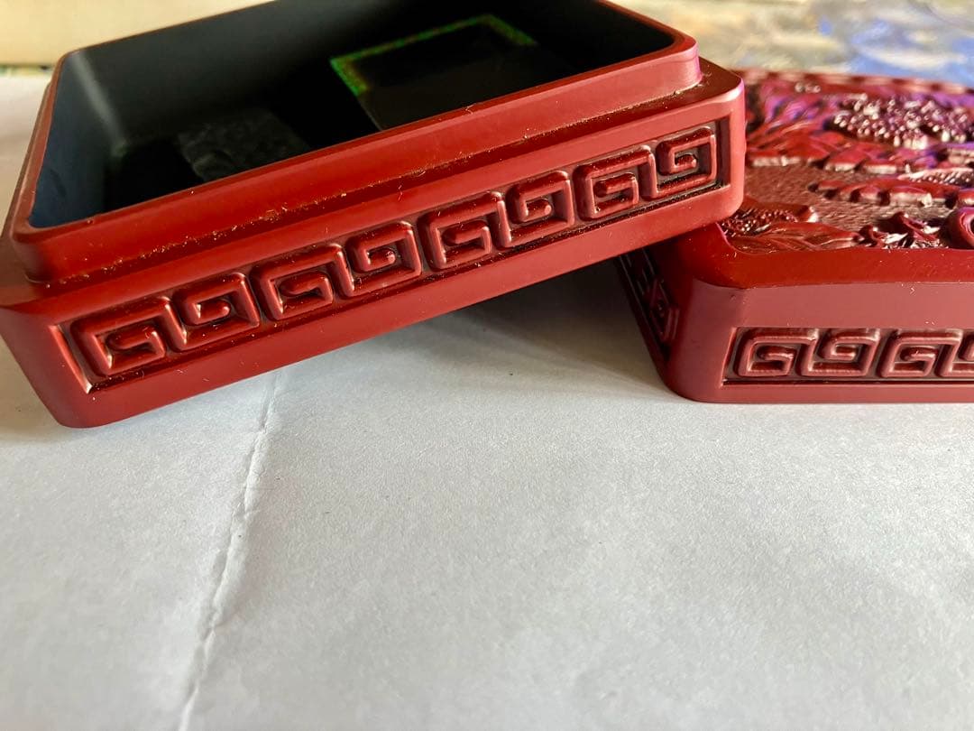 中国赤色彫刻硯箱と墨セット