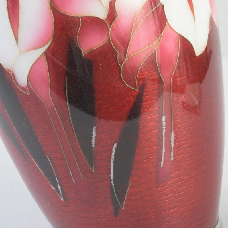 七宝焼 安藤七宝店 赤透釉 花文 花瓶 敷板・箱付 V 9279