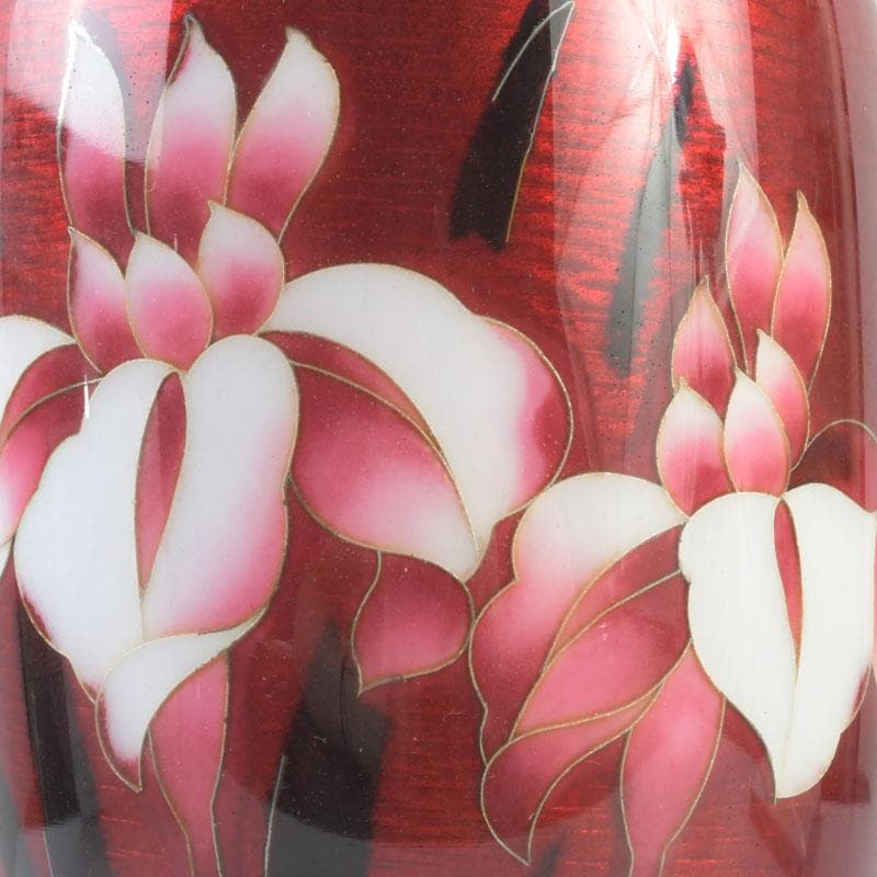 七宝焼 安藤七宝店 赤透釉 花文 花瓶 敷板・箱付 V 9279