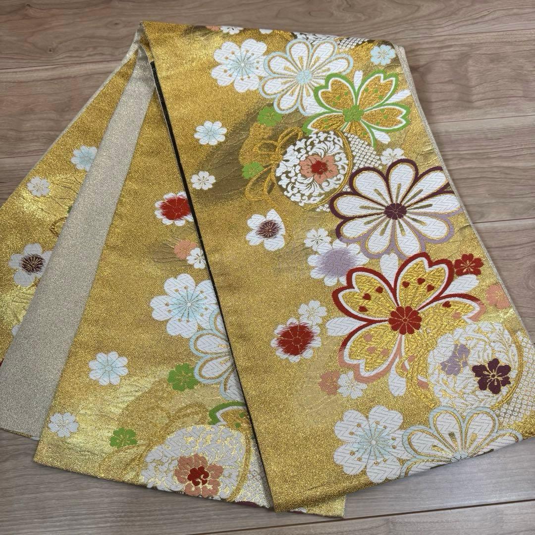 超美品 正絹 現代 袋帯 着物 六通 振袖 成人式 454 白 金 赤