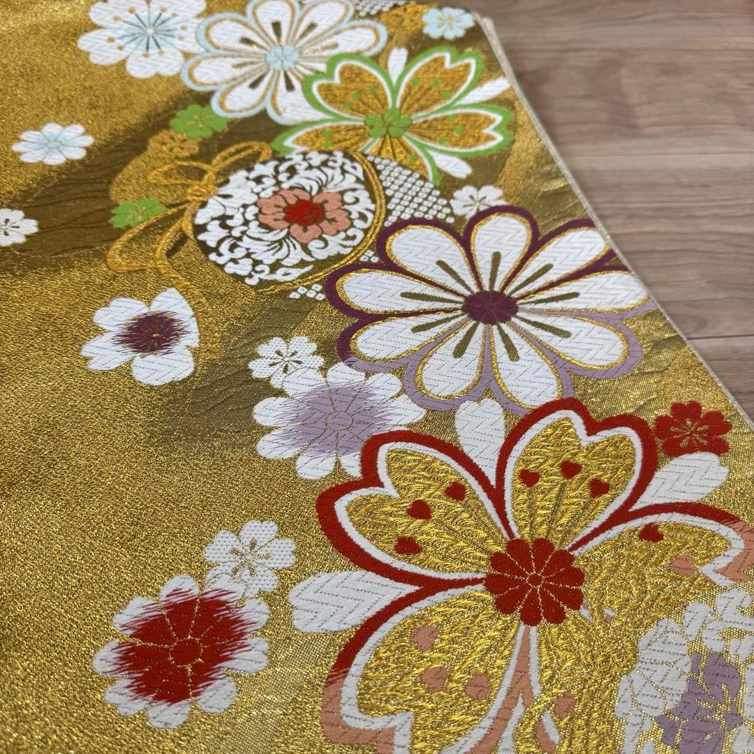 超美品 正絹 現代 袋帯 着物 六通 振袖 成人式 454 白 金 赤