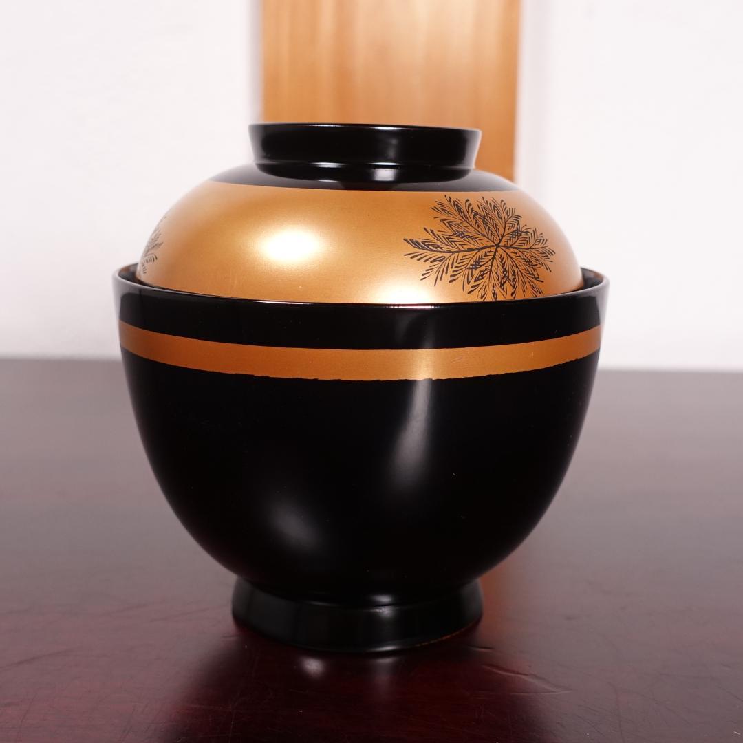 輪島塗 黒塗 蒔絵 草彫 吸物椀 5客 共箱 天然木製漆器