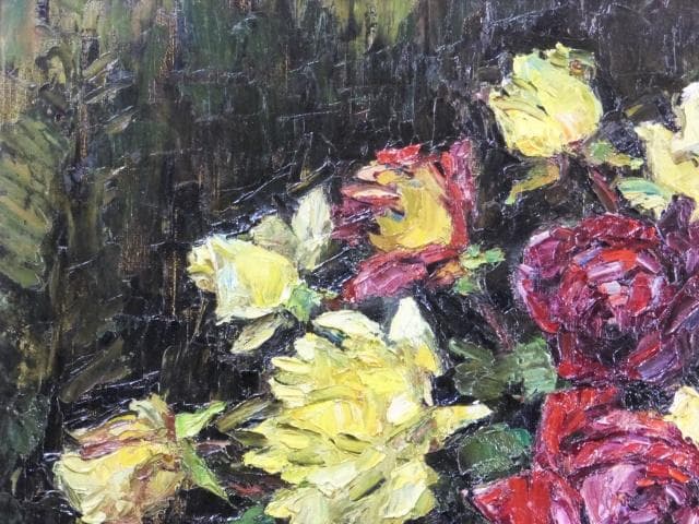 日動画廊取扱 萩谷巌 直筆サイン『ばら』キャンヴァスに油彩 15号 0418L