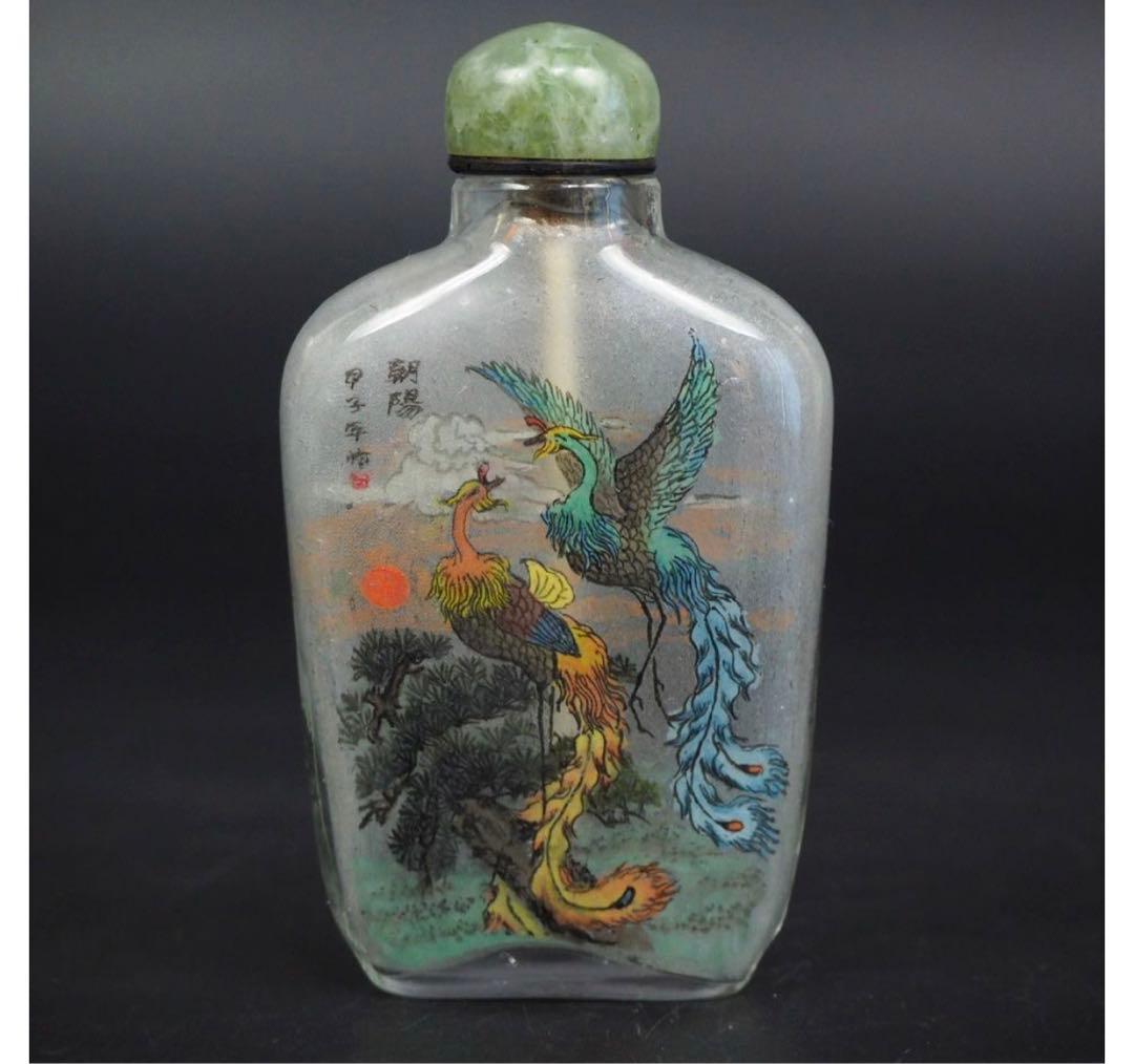 送料無料 作家サインあり 手書き鳳凰・松鶴図 内画鼻煙壺 時代物 本物保証