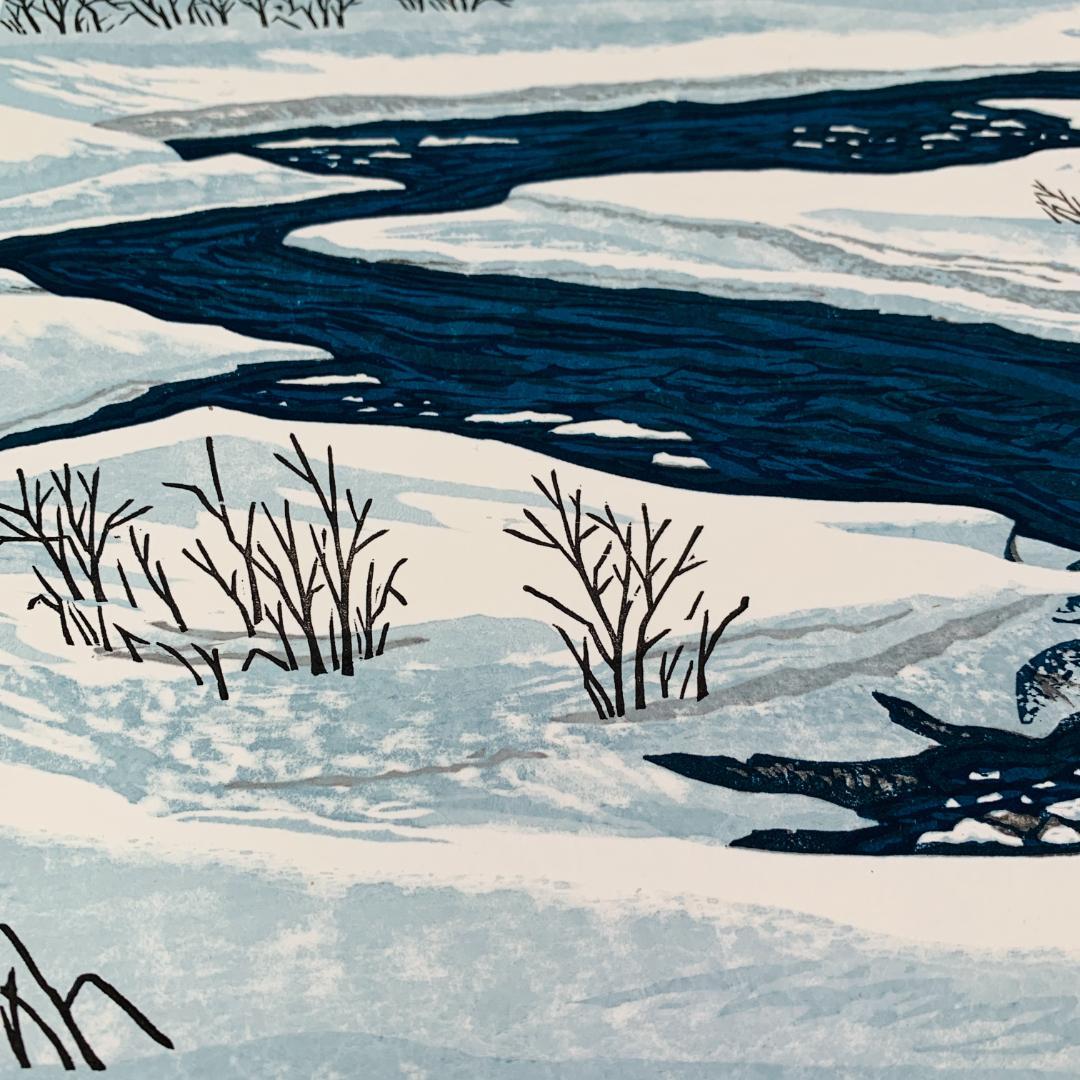 真作保証 中野章 『冬の川』 木版画 額装 直筆 サイン入 A.P. 限定