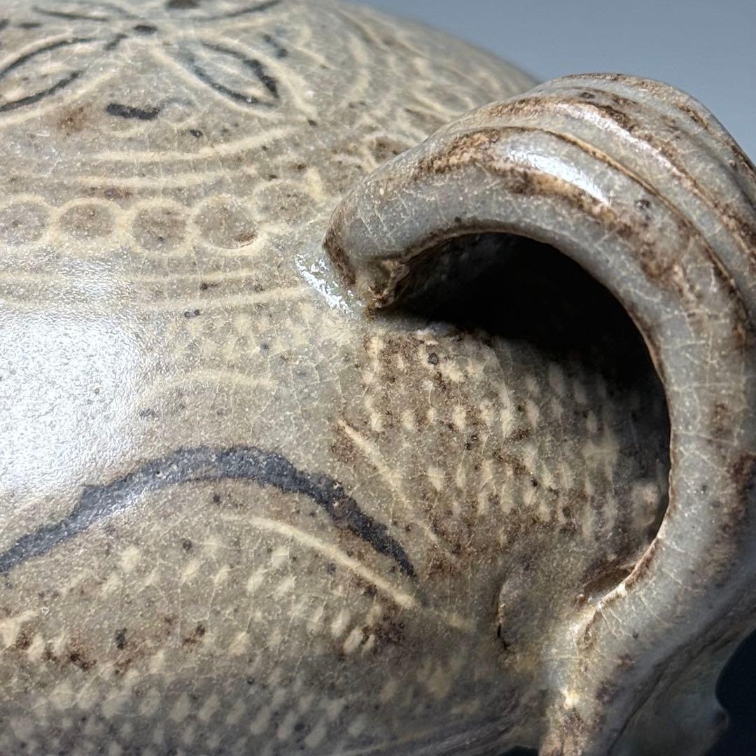 李朝 粉青沙器水滴 象嵌 印花 灰釉薬 朝鮮美術 珍品 古美術 李朝