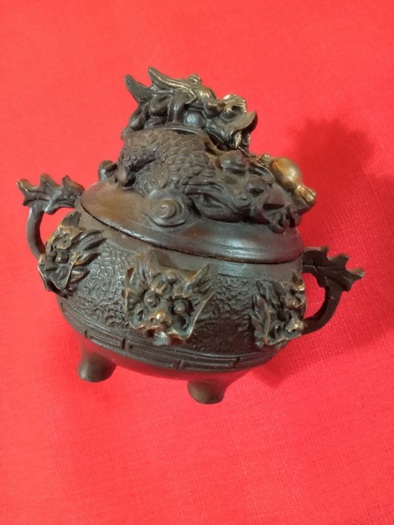 縁起物文房具純銅製 景泰藍香炉 三龍足 双耳狻猊蓋炉 掐絲七宝焼置物美品