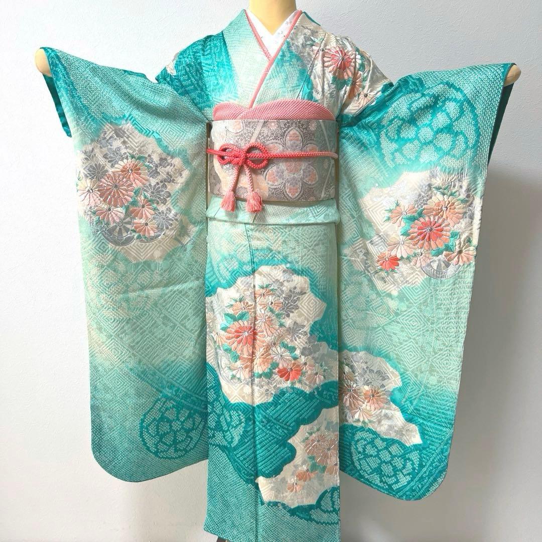 428 振袖フルセット 正絹 青緑 ピーコックグリーン 銀彩 駒刺繍 刺繍 絞り