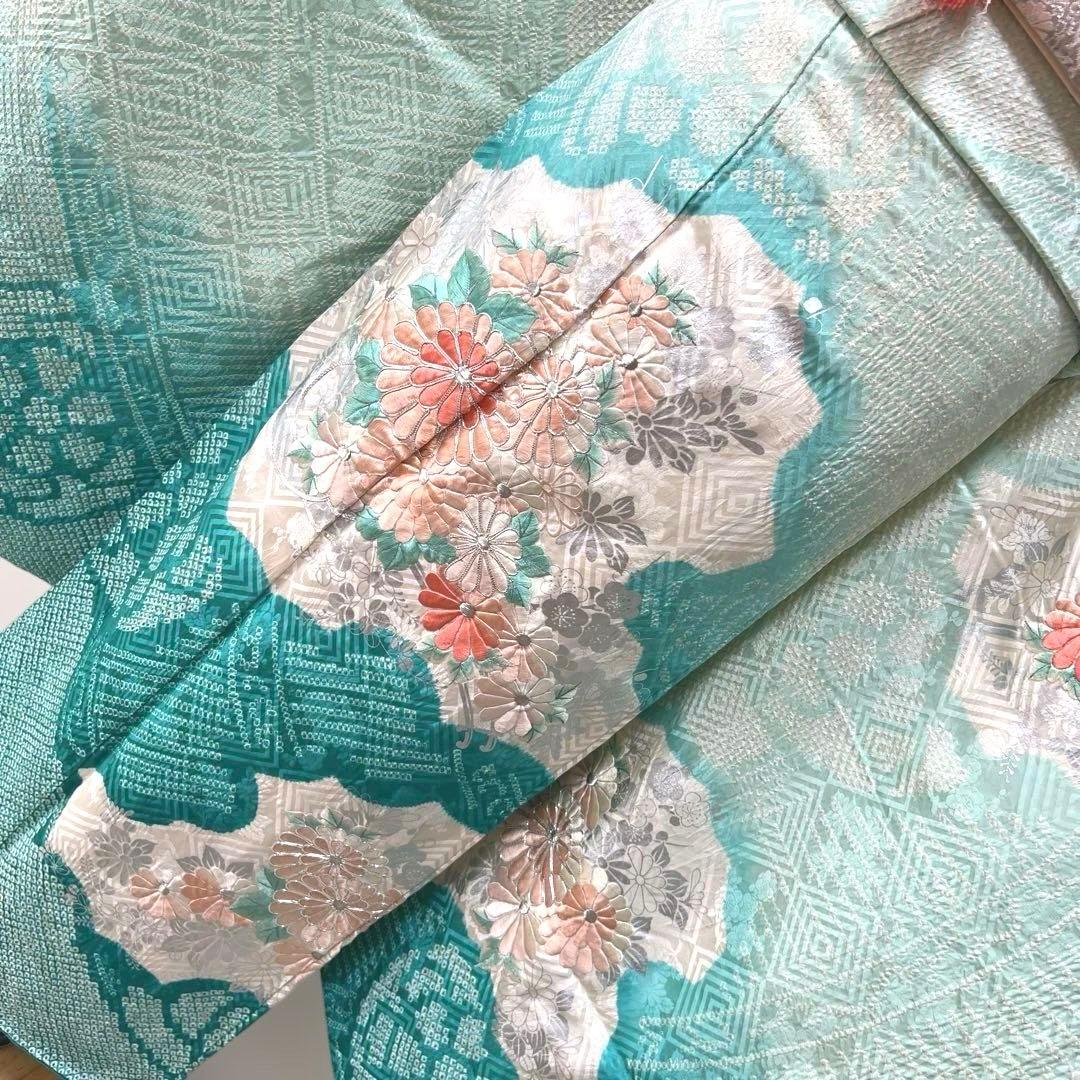 428 振袖フルセット 正絹 青緑 ピーコックグリーン 銀彩 駒刺繍 刺繍 絞り