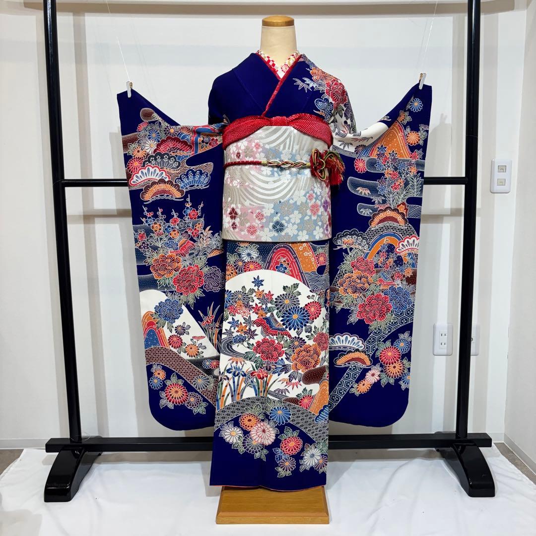 振袖フルセット 7点セット 長襦袢付き 身丈158 青 成人式 前撮り f26