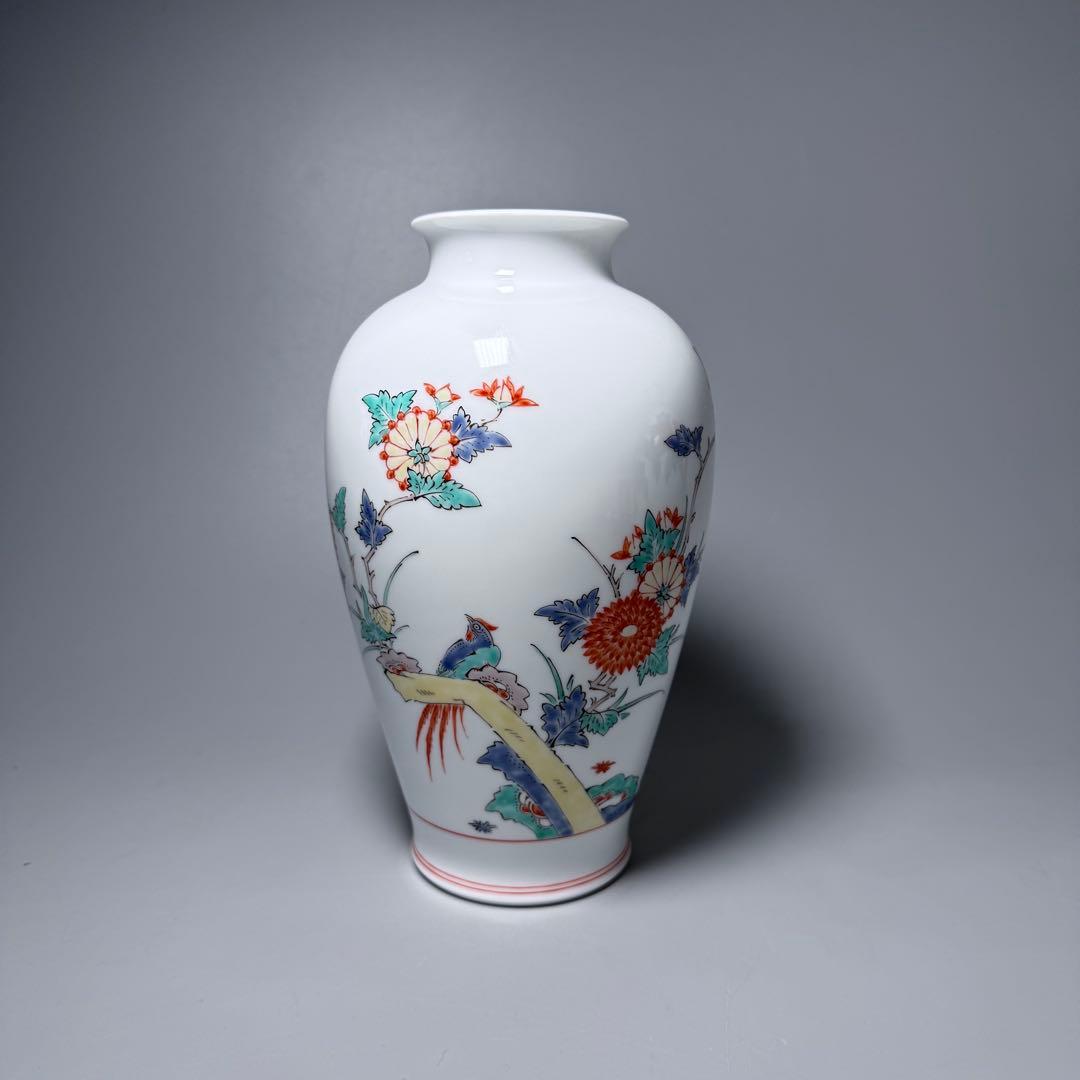 十三代 酒井田柿右衛門 錦菊花鳥文花瓶 十三代