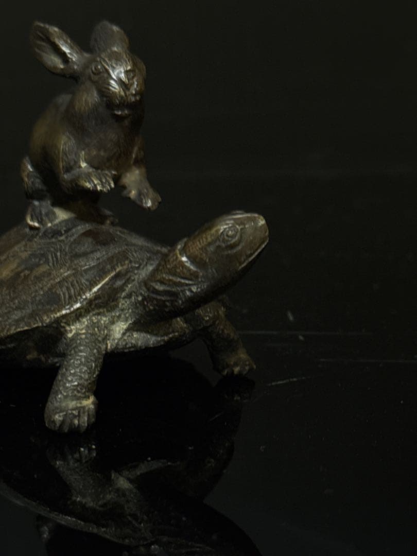 珍品 明治期 古銅 『うさぎとかめ』 兎と亀 置物 文鎮 コレクション