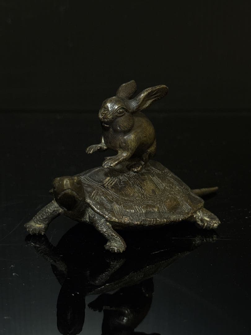 珍品 明治期 古銅 『うさぎとかめ』 兎と亀 置物 文鎮 コレクション
