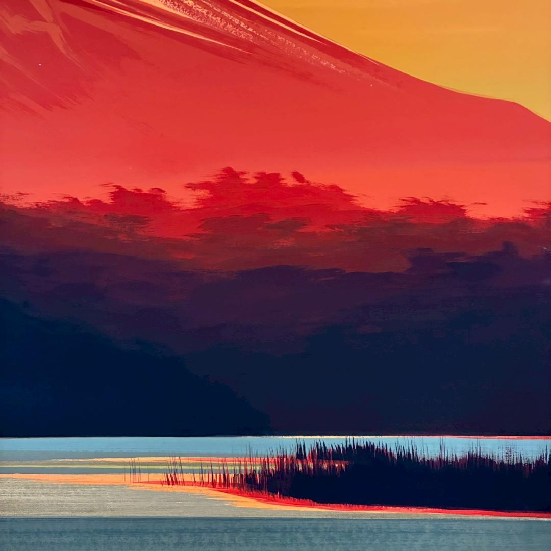 谷崎勉「赤富士」日本画 共シール有 直筆サイン・落款入り 額縁入り 開運 お正月