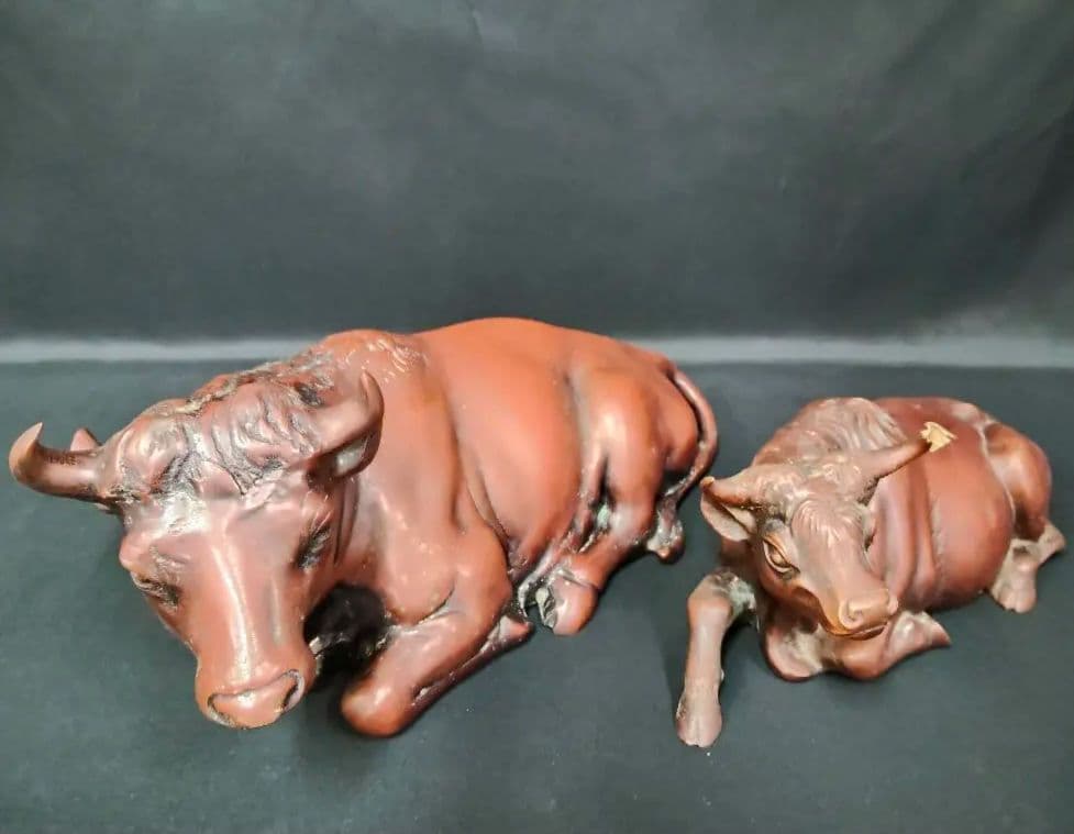 重量9.6kg】銅製 臥牛 置物 在銘 親子 牛 縁起物 オブジェ 骨董