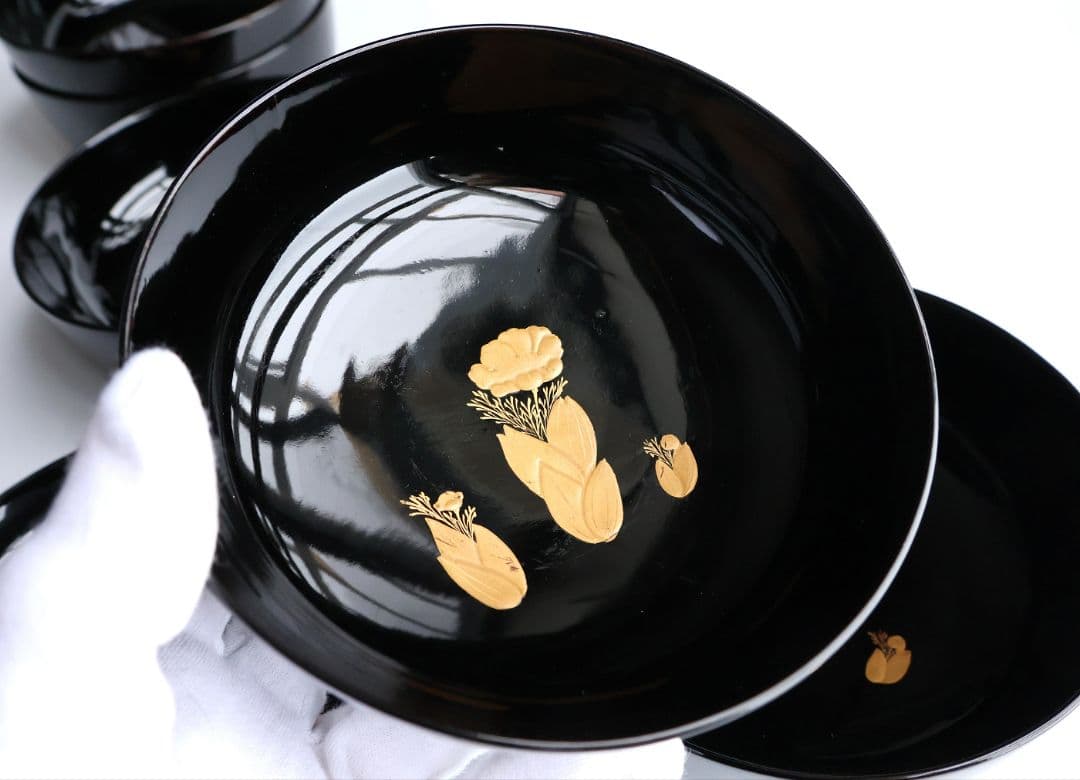 CM416】訳あり 天然木漆塗 月と梅 福寿草 金蒔絵 黒塗椀 五客 大正昭和