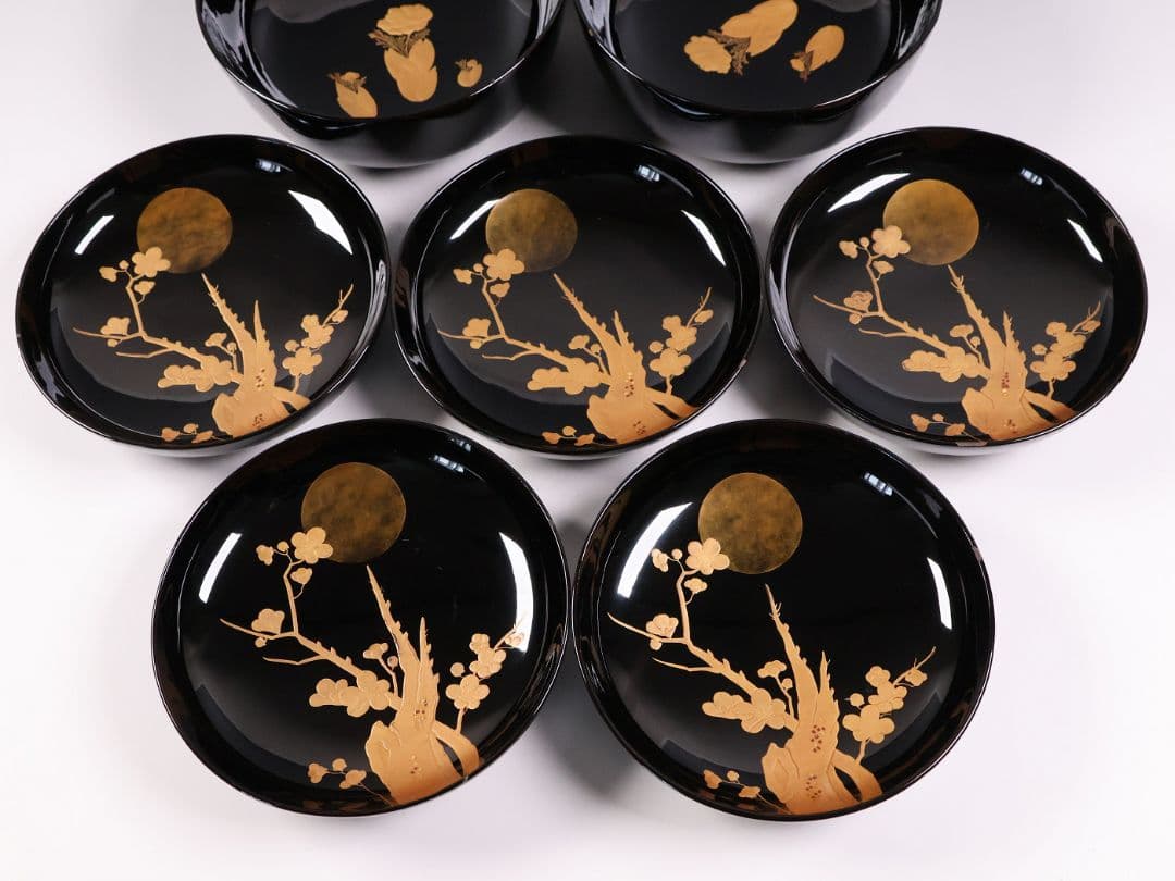 CM416】訳あり 天然木漆塗 月と梅 福寿草 金蒔絵 黒塗椀 五客 大正昭和